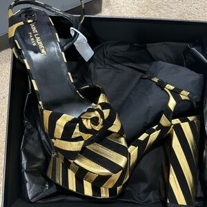 Saint Laurent Black and Gold Striped Platform Sandals